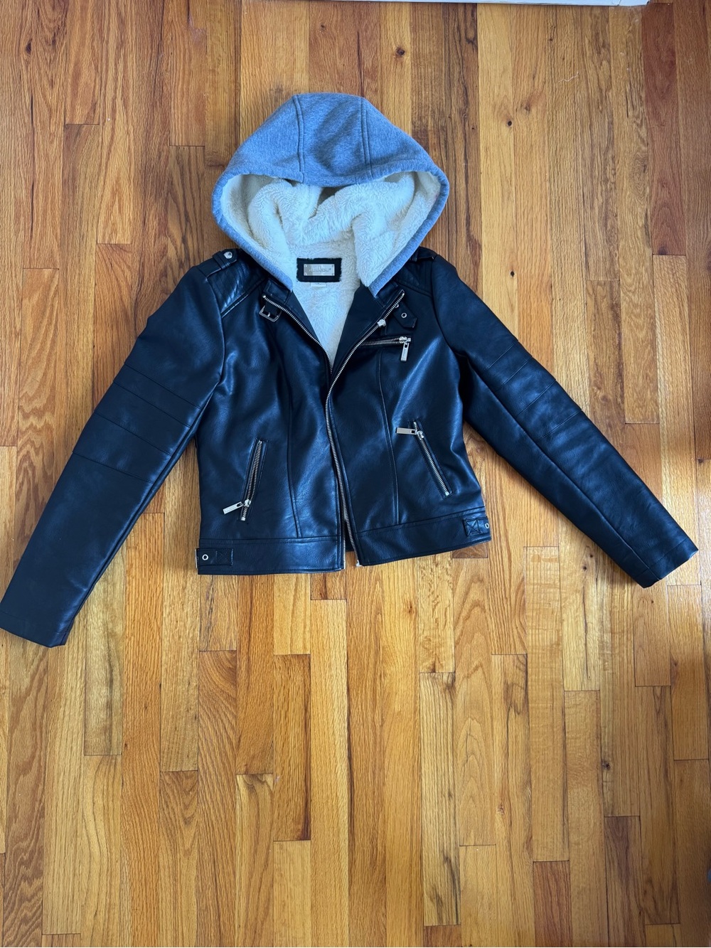 Black Faux Leather Moto Jacket with Gray Hood and Cream Sherpa Lining